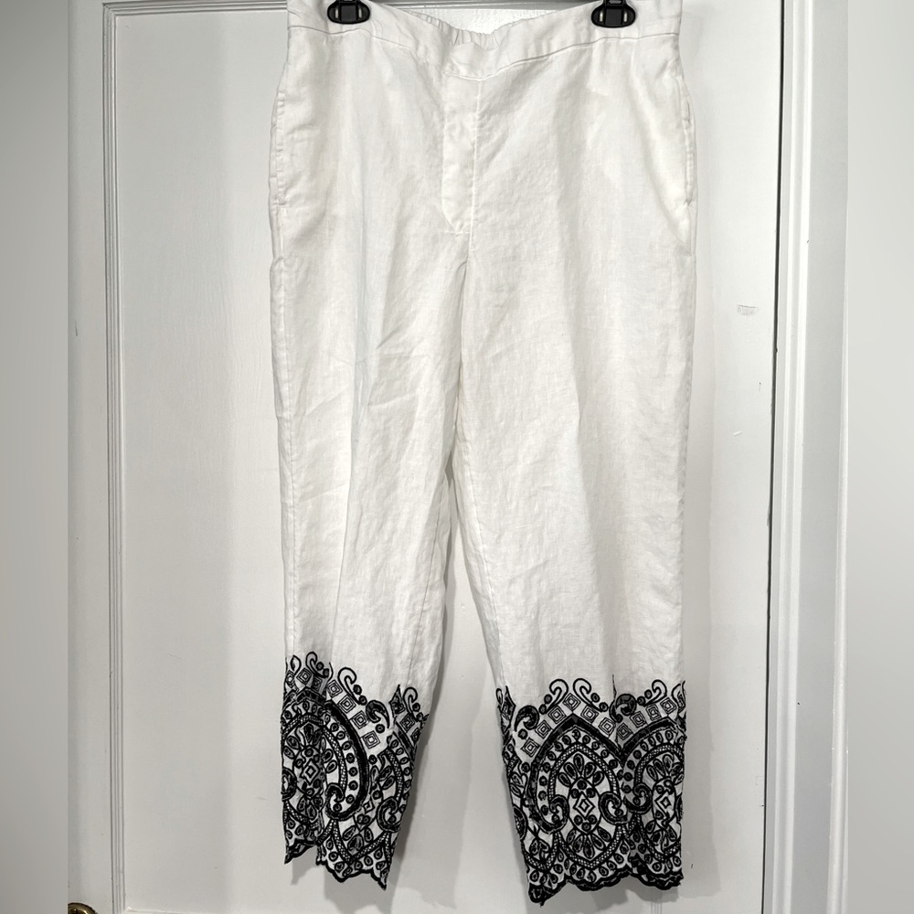 Chico’s linen cropped pants with black embroidery at the hem. New with tags!